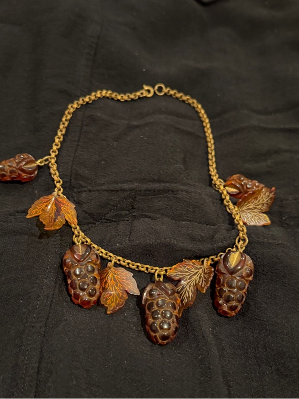 Vintage Gold Tone Grape Charm Necklace with Amber Leaves
